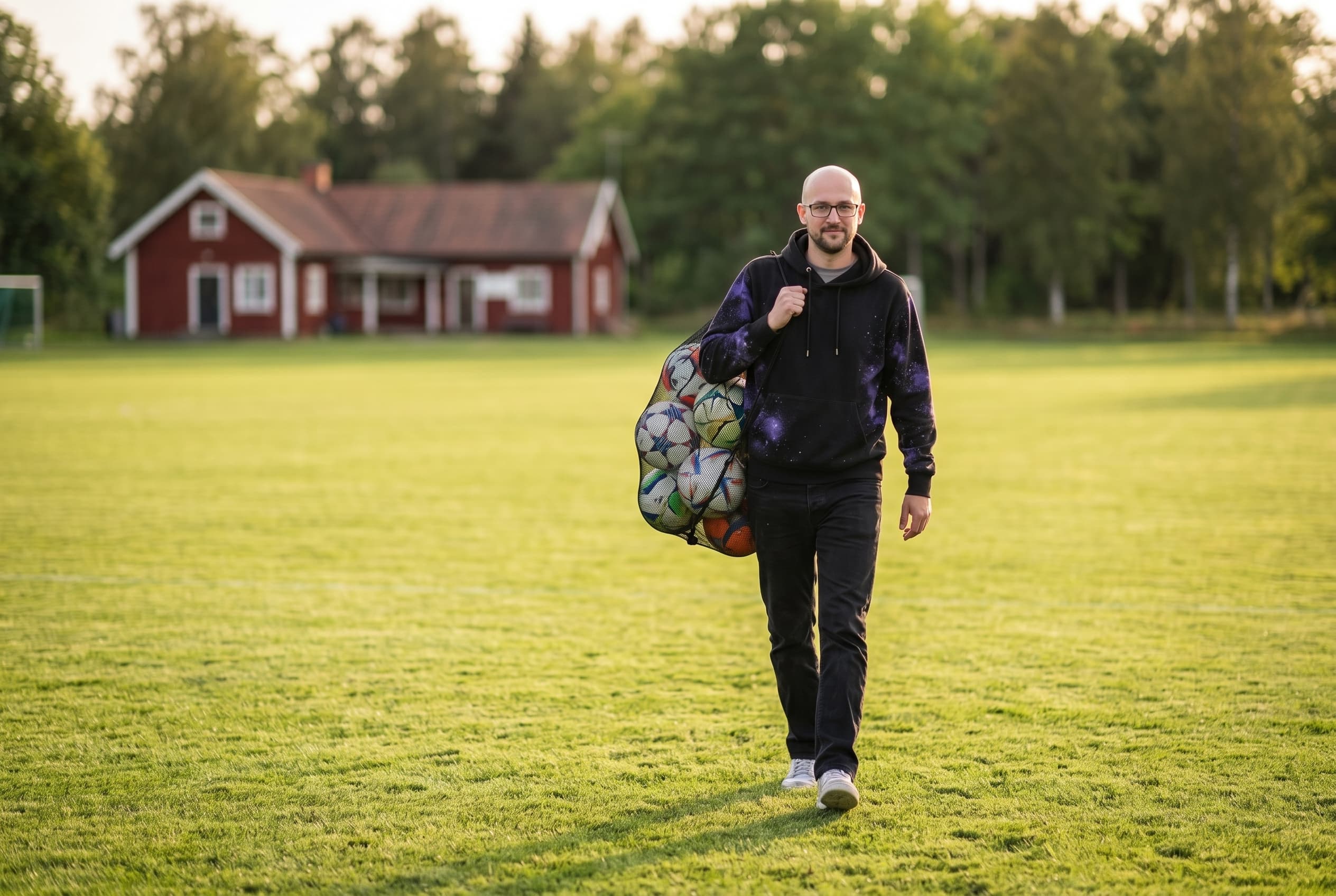 Föreningsledare bär ut bollarna inför träningen.
